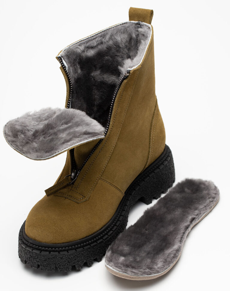 Ботинки женские натуральная кожа с мехом, хаки